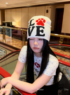 设计感love字母印花冷帽女美式包头帽冬季大头围保暖针织毛线帽潮