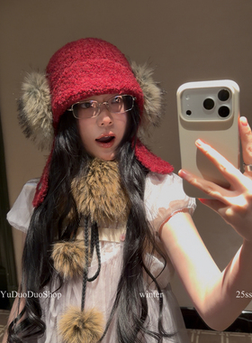 时髦复古毛球护耳包头帽女秋冬保暖雷锋帽韩系百搭显脸小耳包帽潮