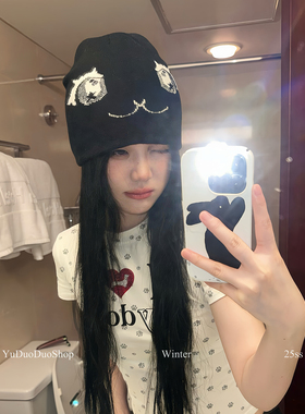 韩国小众设计漫画大眼睛针织包头帽女亚比可爱帽子y2k辣妹堆堆帽