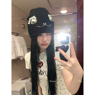 韩国小众设计漫画大眼睛针织包头帽女亚比可爱帽子y2k辣妹堆堆帽