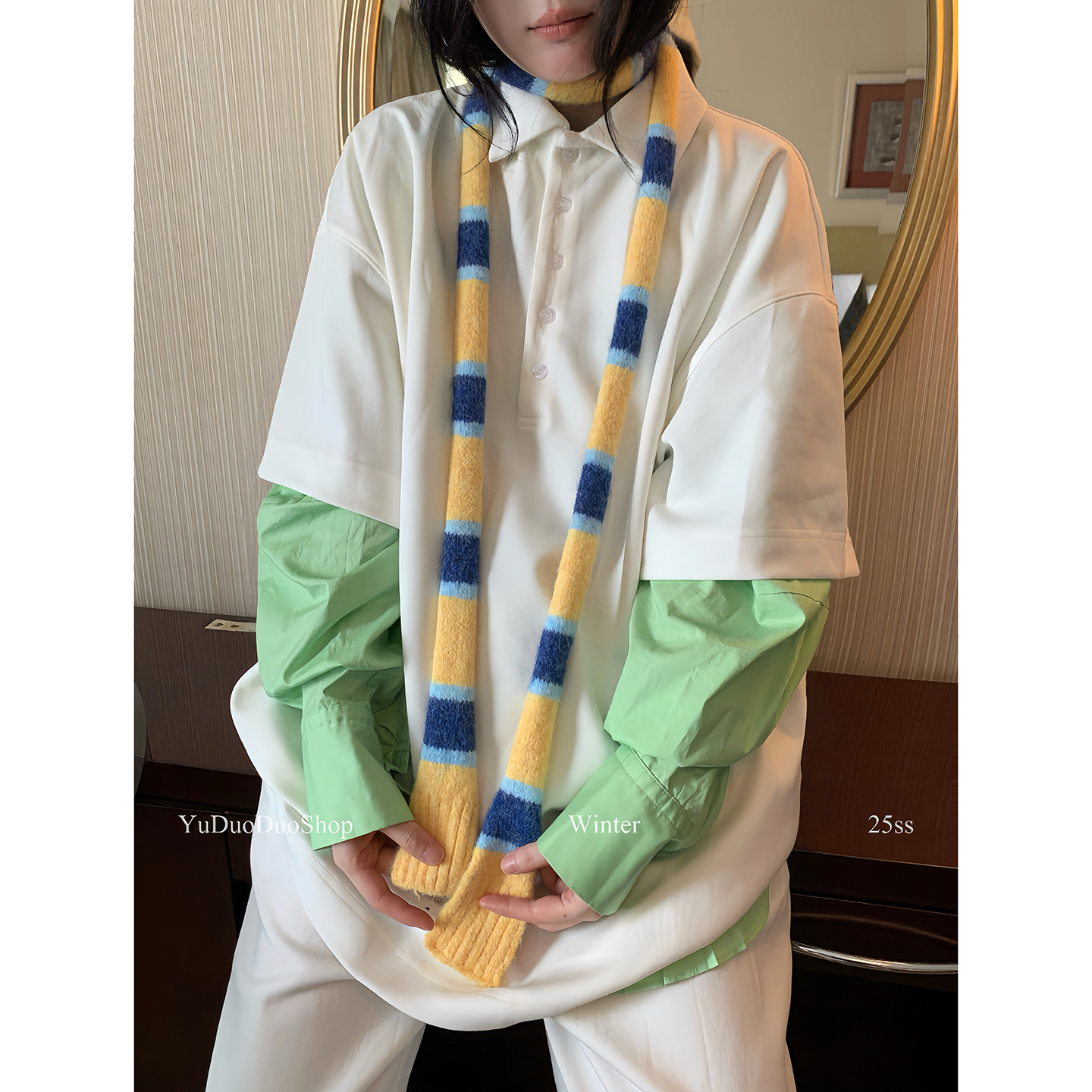 秋冬时髦复古条纹腊肠小围巾情侣