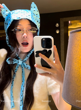 千禧y2k小恶魔包头帽女可爱少女波点绑带帽子辣妹音乐节拍照帽子