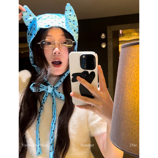 千禧y2k小恶魔包头帽女可爱少女波点绑带帽子辣妹音乐节拍照帽子