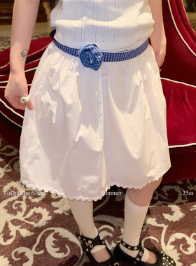 原创自制时髦复古蓝色格子长条飘带女可拆卸花朵腰带细窄丝巾颈饰