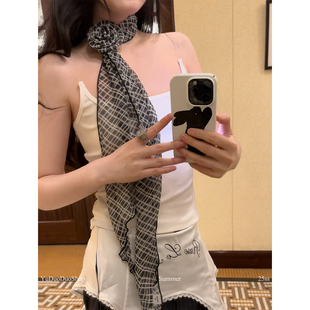 2025夏季新款韩系可拆卸玫瑰花细长条丝巾女辣妹飘带复古小领巾潮