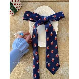 圣诞结定制款雪人刺绣手打领带女时髦复古装饰长条丝巾多用途腰带