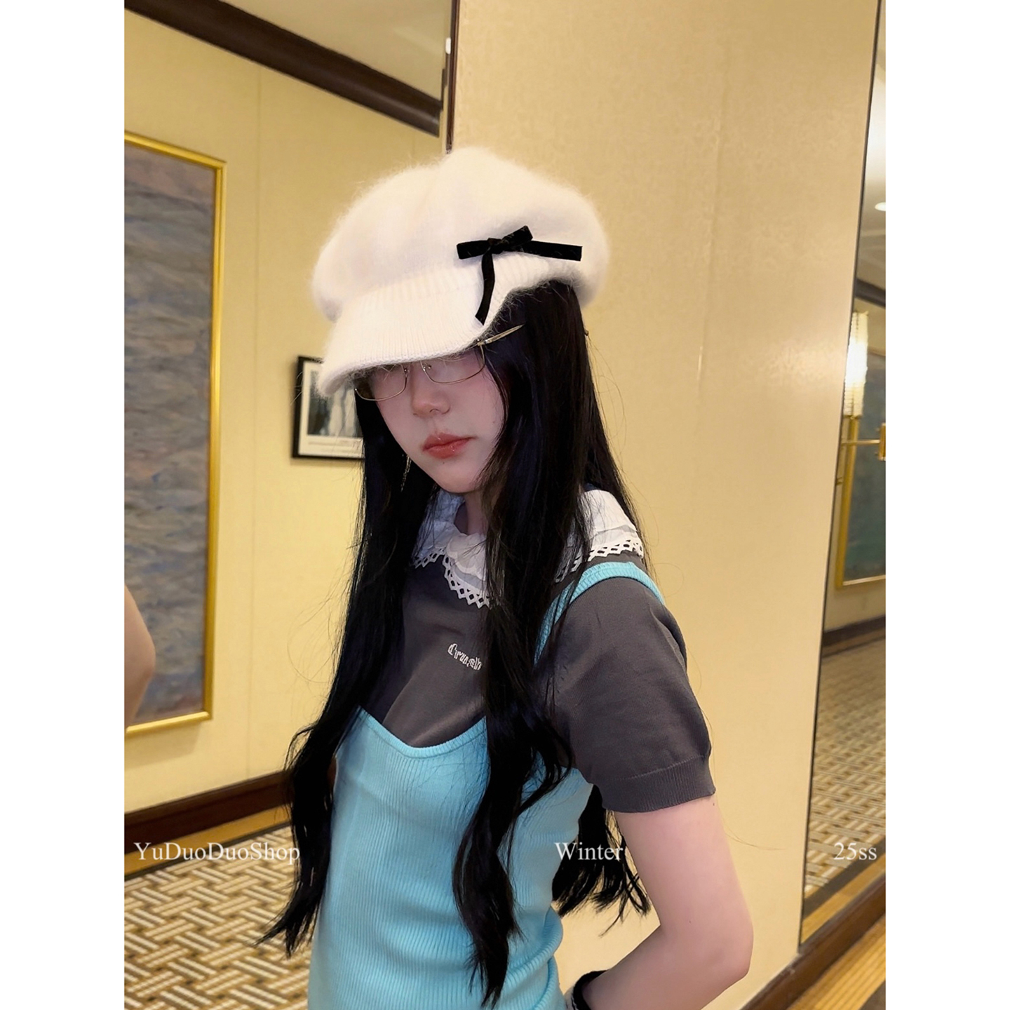 原创定制古早感蝴蝶结兔毛八角帽