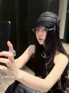 设计感小众镂空蝴蝶结黑色冷帽女弹力包头微闪蕾丝帽辣妹堆堆帽韩