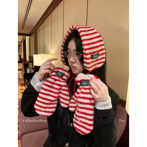 开启新年主题毛绒绑带耳罩手套