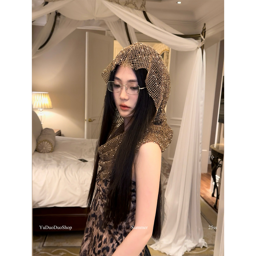末日废土风沙丘y2k辣妹头巾帽子女凹造型个性镂空亮片包头连帽潮