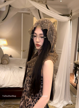 末日废土风沙丘y2k辣妹头巾帽子女凹造型个性镂空亮片包头连帽潮