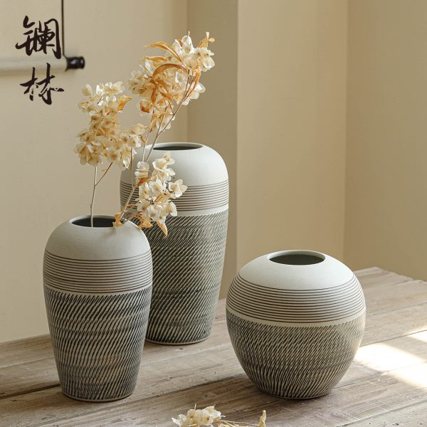 现代简约桌面陶瓷花瓶客厅复古文艺小清新粗陶摆件插干花花花器