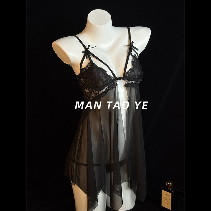 漫桃野「欲感佳人」性感薄纱睡裙女透视网纱前扣带蕾丝蝴蝶结睡裙