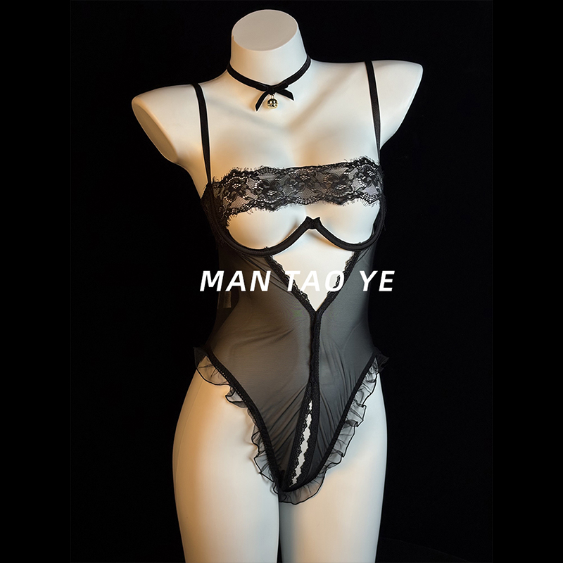 漫桃野「美人媚骨」小胸显大钢托蕾丝网纱透明连体衣性感qqny