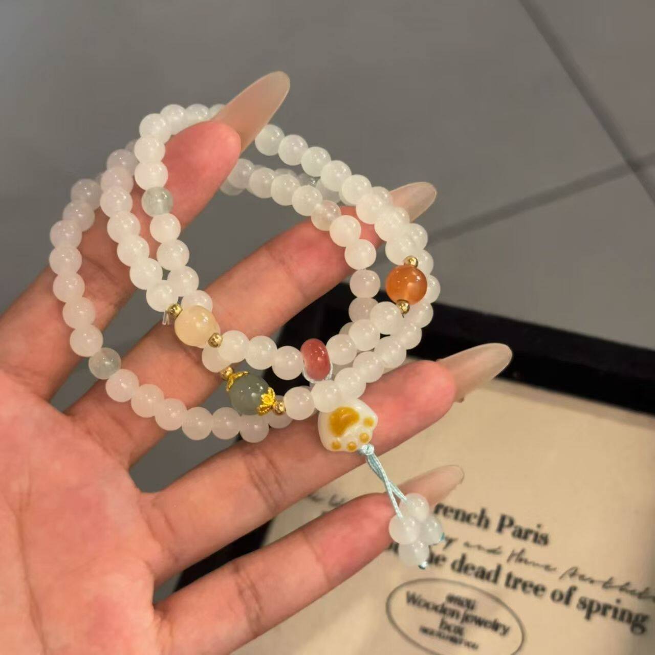 新中式三圈天山翠手链女式猫爪莲蓬吊坠手串简约小众清新感手链