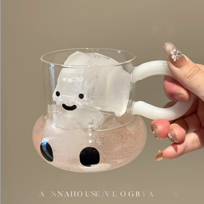 ININHOME家居馆牛奶笑脸杯透明玻璃杯耐高温马克杯可爱牛奶杯