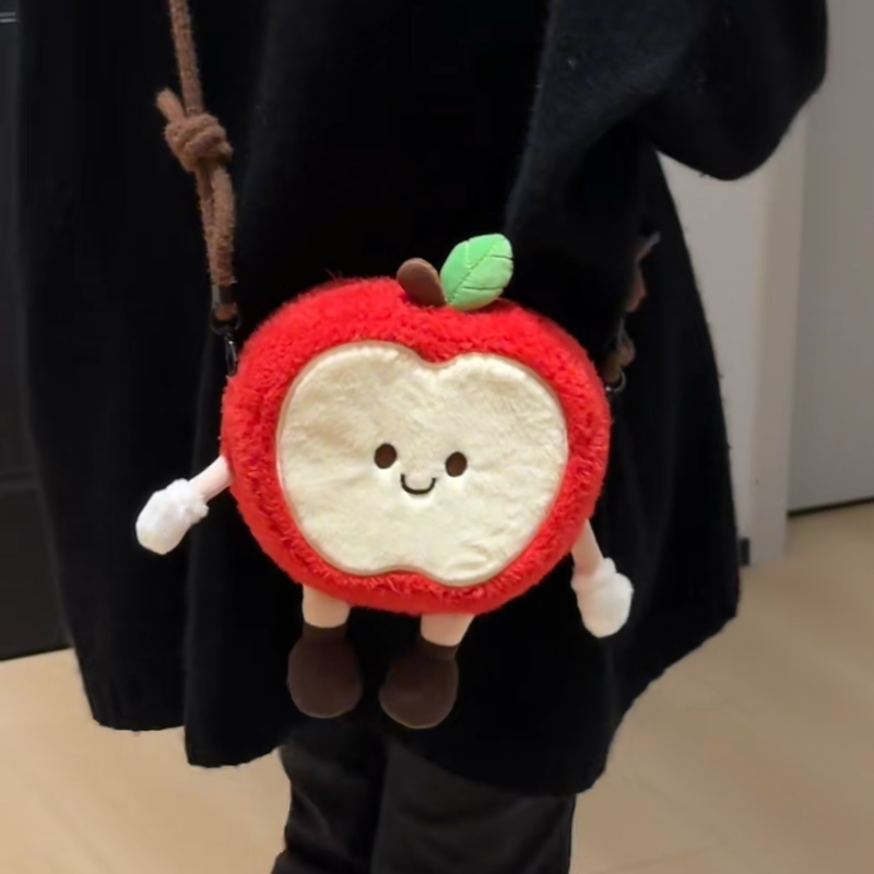 可爱毛绒苹果包手机斜挎包零钱口红收纳包圣诞礼物单肩斜挎包