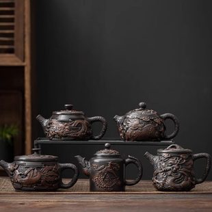 会客家用浮雕龙凤盖碗紫砂茶壶轻奢礼品 复古高端紫陶功夫茶具套装