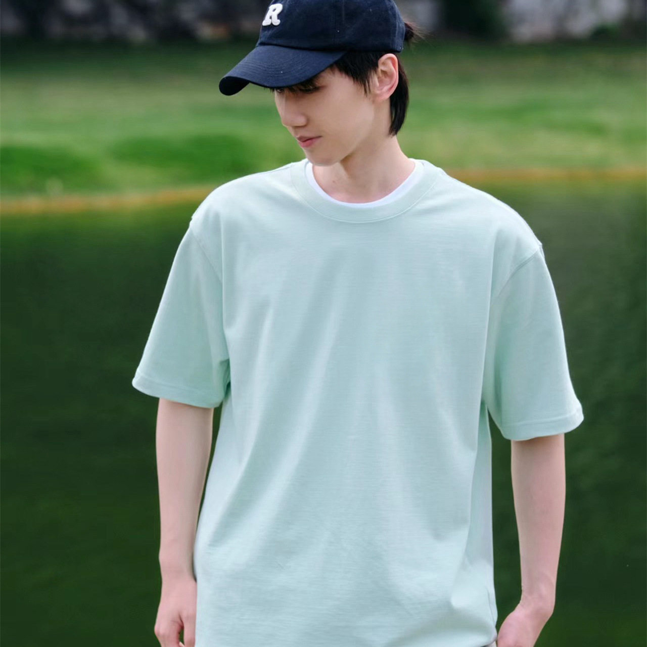 320g重磅薄荷绿纯色T恤夏季宽松纯棉青少年白色情侣内搭上衣打底