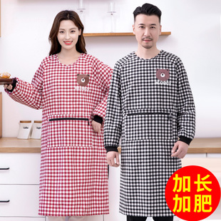 加長加肥加厚棉布罩衣廚房家用做飯長袖 工作服女 圍裙干活防污帶袖