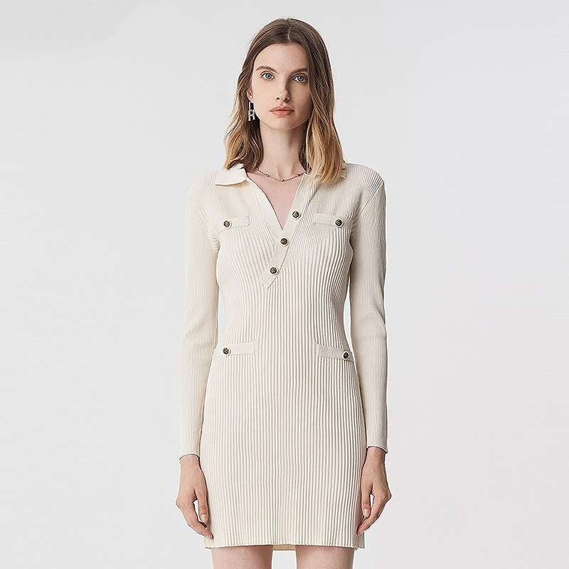 IRO Night 2025年秋季V领纯色修身针织长袖连衣裙IWF341M01600