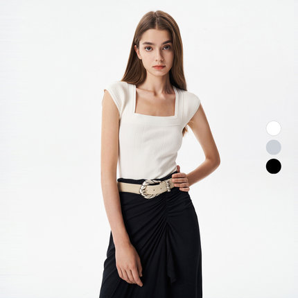 IRO Night 2025年夏季纯色修身方领针织条纹T恤WP12COLPASPE23W