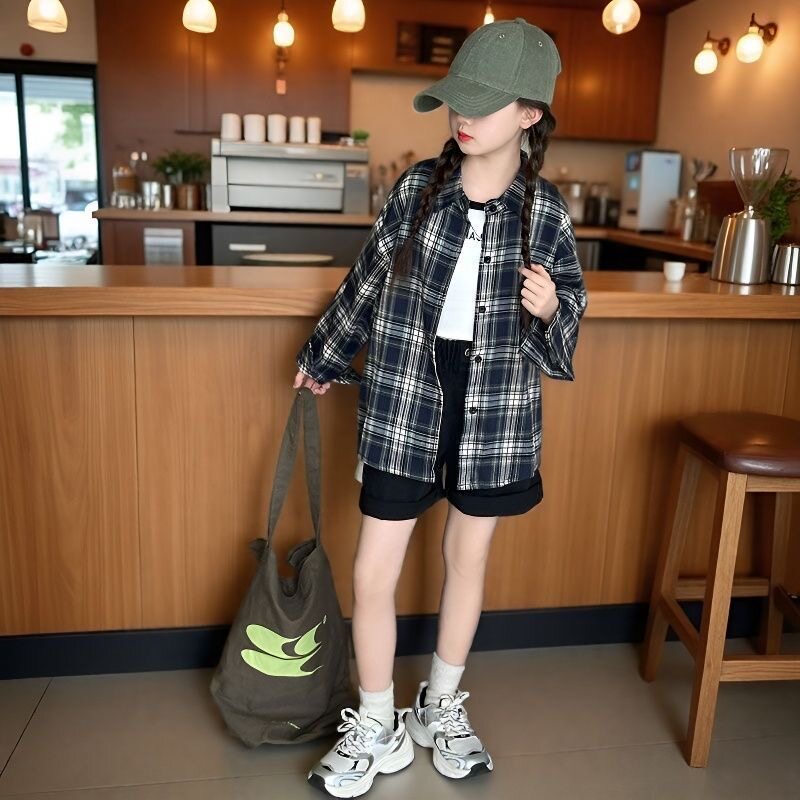 女童衬衫长袖夏季2026新款儿童上衣女孩大童夏装薄款格子衬衣外套图片