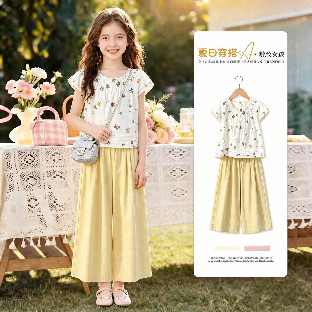 女大童夏季薄款洋气上衣裤子套装图片