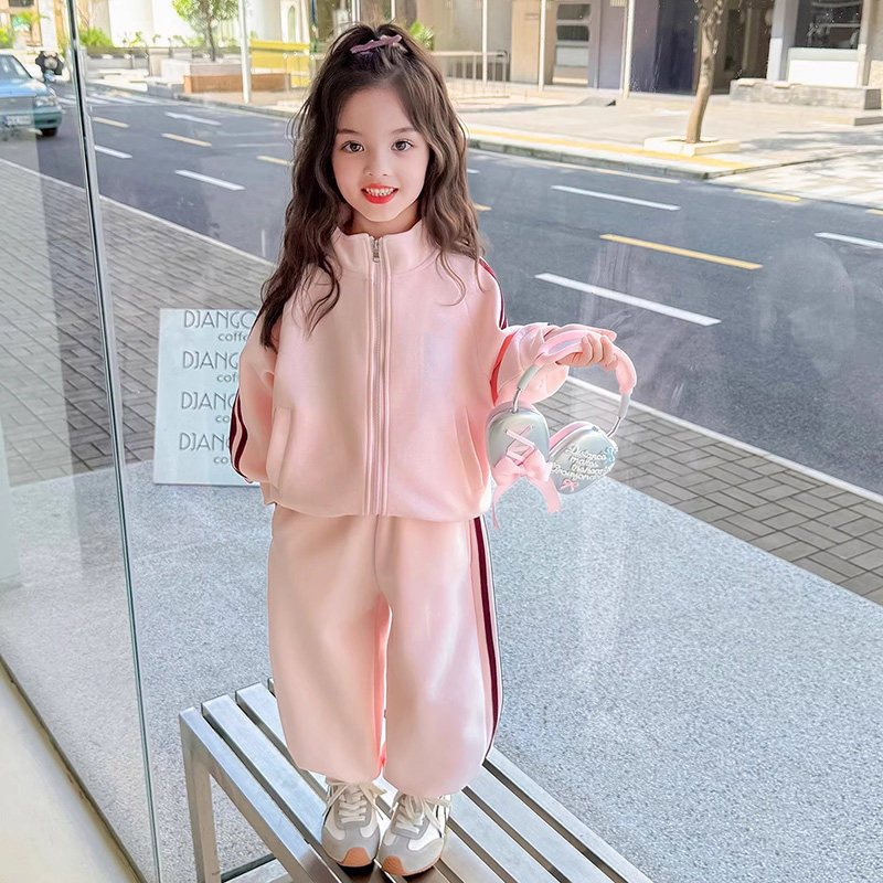 女童春秋运动套装2026新款秋冬儿童装小女孩粉色薄款卫衣卫裤外套
