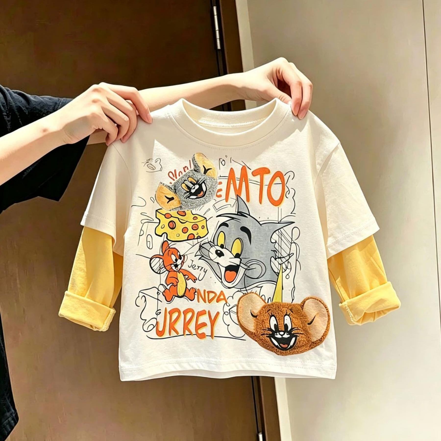 男童纯棉长袖T恤春秋季洋气卡通猫和老鼠印花儿童帅气假两件上衣