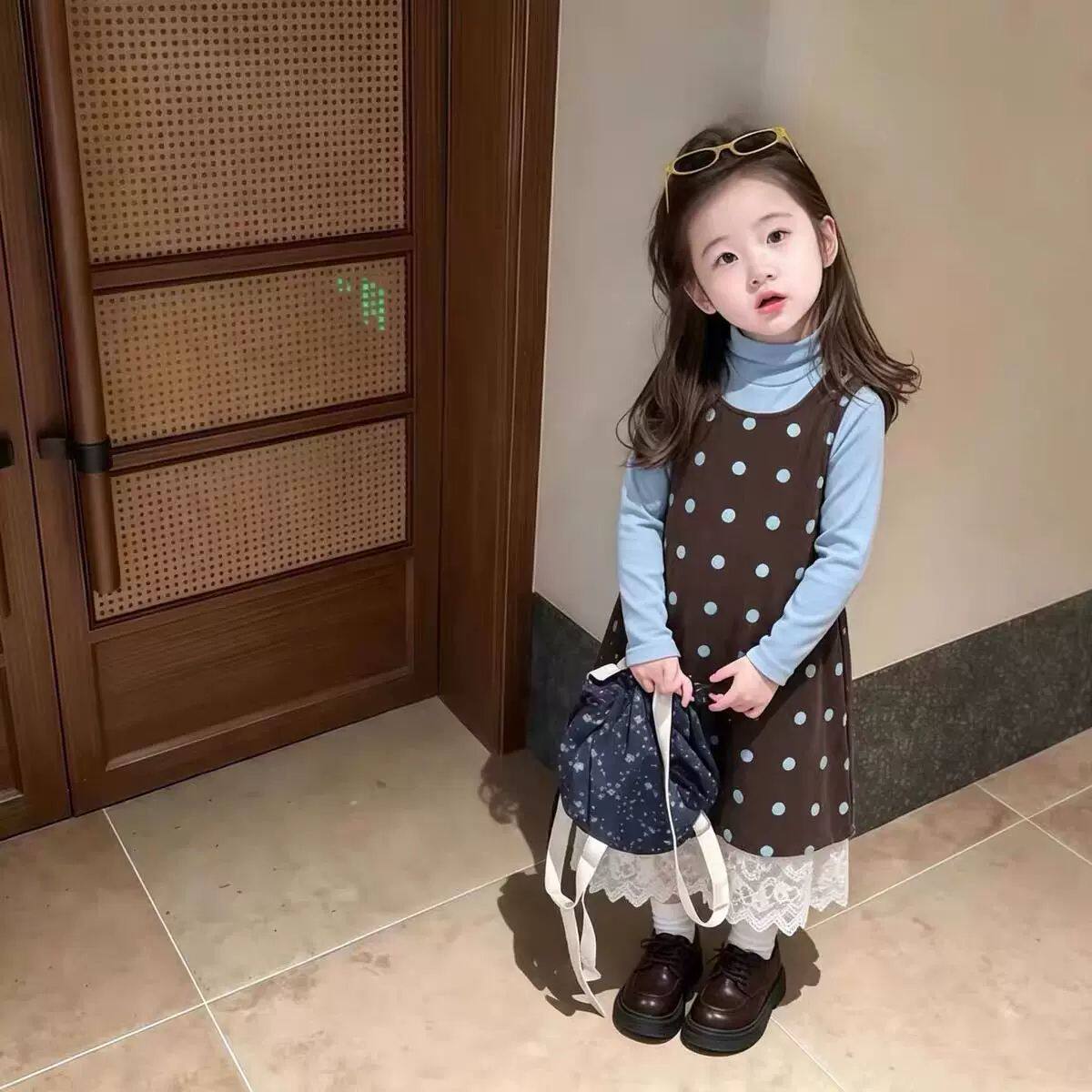 女童连衣裙2026新款韩版中大童咖色波点背心裙休闲打底衫两件套潮