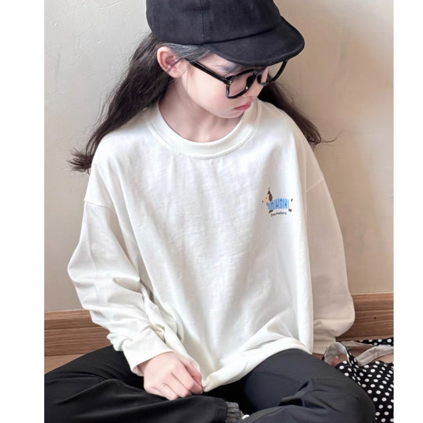 女童纯棉长袖童装上衣秋季新款女宝儿童潮流宽松百搭白色长袖T恤