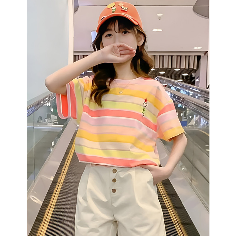 女童短袖t恤夏季2026新款儿童装大童夏装女孩半袖衣服条纹体恤7岁