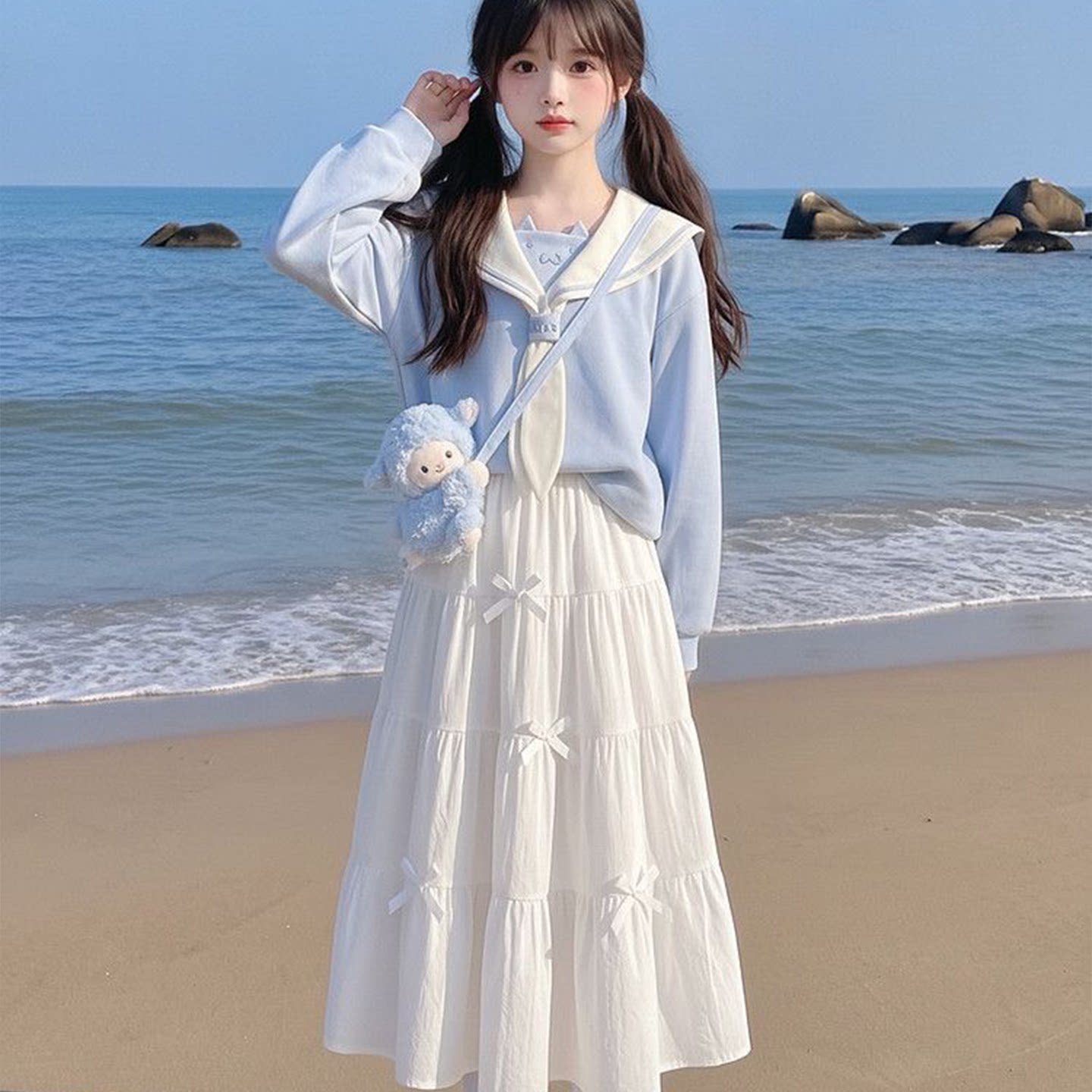 2026新款女童早秋海军领长袖连衣裙子女大童初中生独特绝美公主裙图片