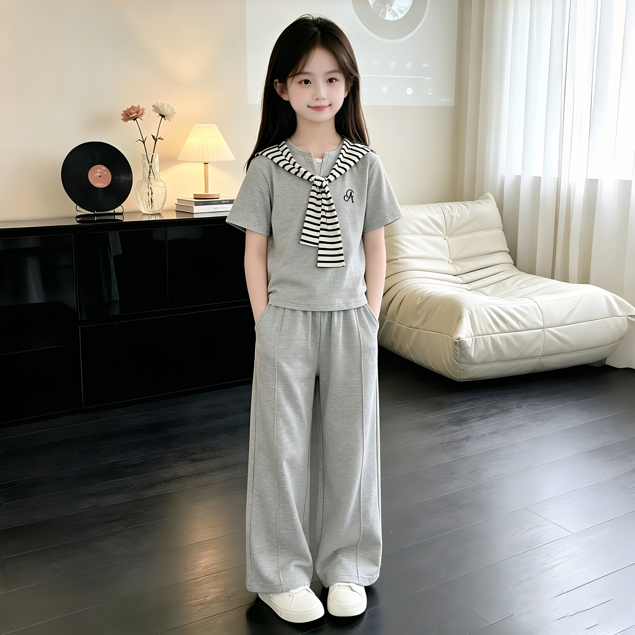 女童新品套装中大童洋气假两件上衣短袖T恤夏季阔腿裤儿童休闲潮