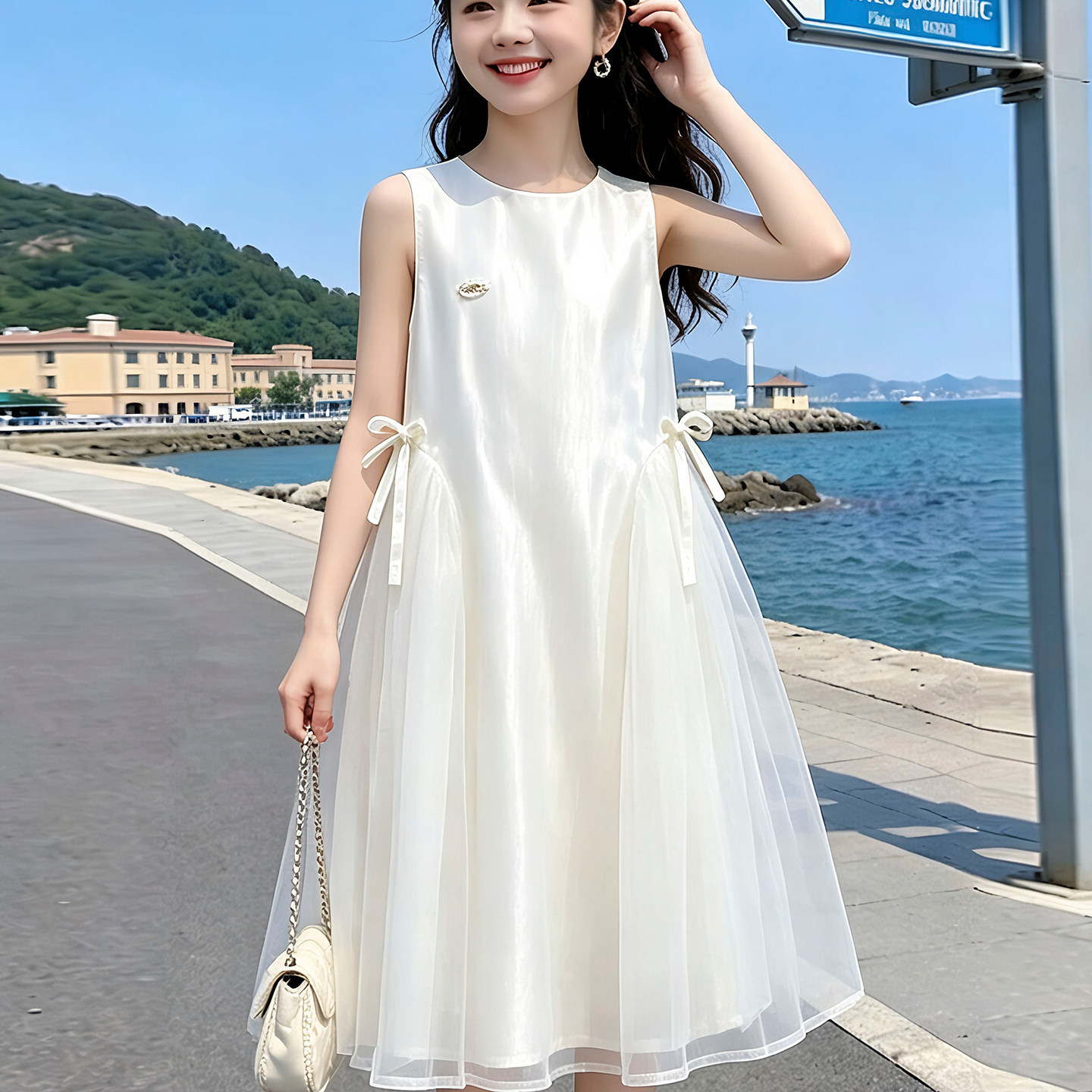 女童网纱背心连衣裙夏季新款洋气中大童韩版休闲甜美蝴蝶结公主裙