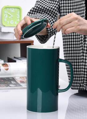 简约大容量马克杯家用带盖勺办公室陶瓷杯水杯女生杯子超大茶杯