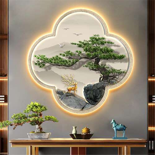 招财麋鹿新中式玄关装饰画高级感迎客松餐厅壁画客厅寓意好挂画
