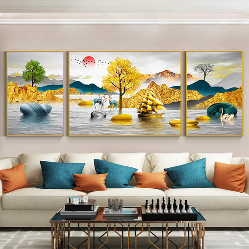 新款客厅三联画现代简约沙发背景墙挂画轻奢大气发财树招财鹿壁画