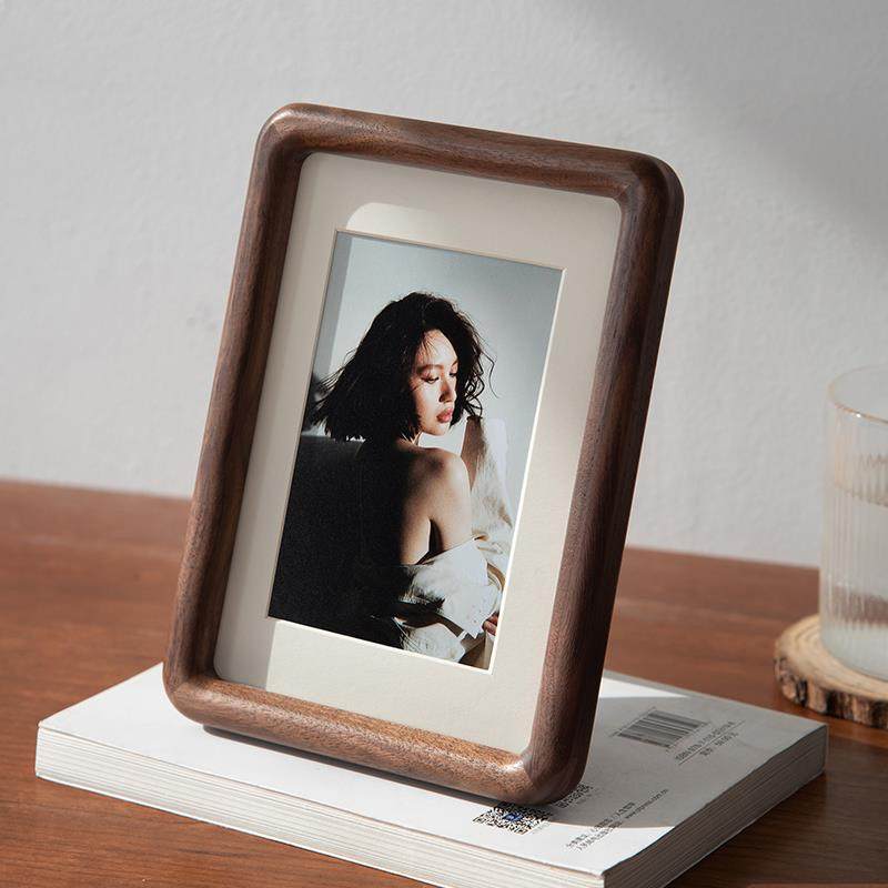 时几初黑胡桃实木相框摆台照片定制6寸7 8木质高级感圆角玻璃方框