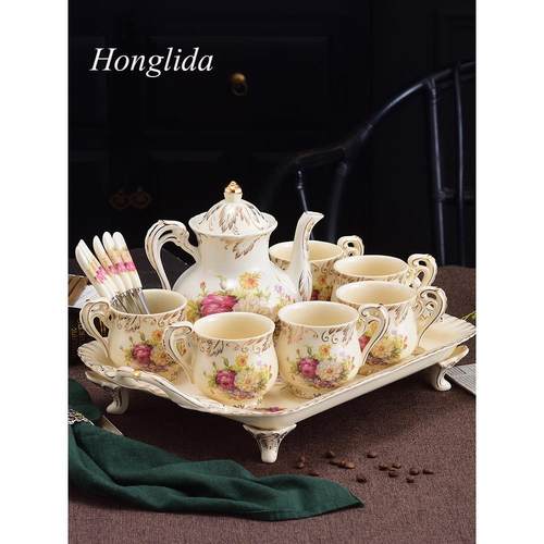 水杯套装陶瓷家用欧式宫廷客厅耐热中古带托盘礼盒茶杯茶具套装
