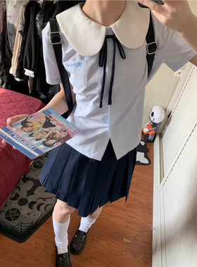 甜美清新jk娃娃领制服套装学院短袖条纹衬衫百褶裙小个子短裙夏季