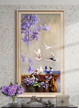 欧式玄关装饰画手绘油画走廊壁画花卉鸽子挂画餐厅竖版中式画定制