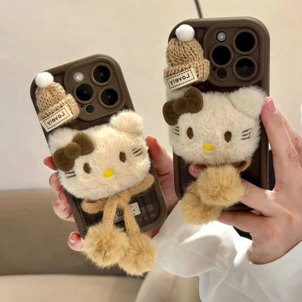 冬季围巾Kitty适用oppofindx8手机保护壳新款reno12套一加13网红7ultra毛绒reon9por立体6pro可爱1+ace3女款/