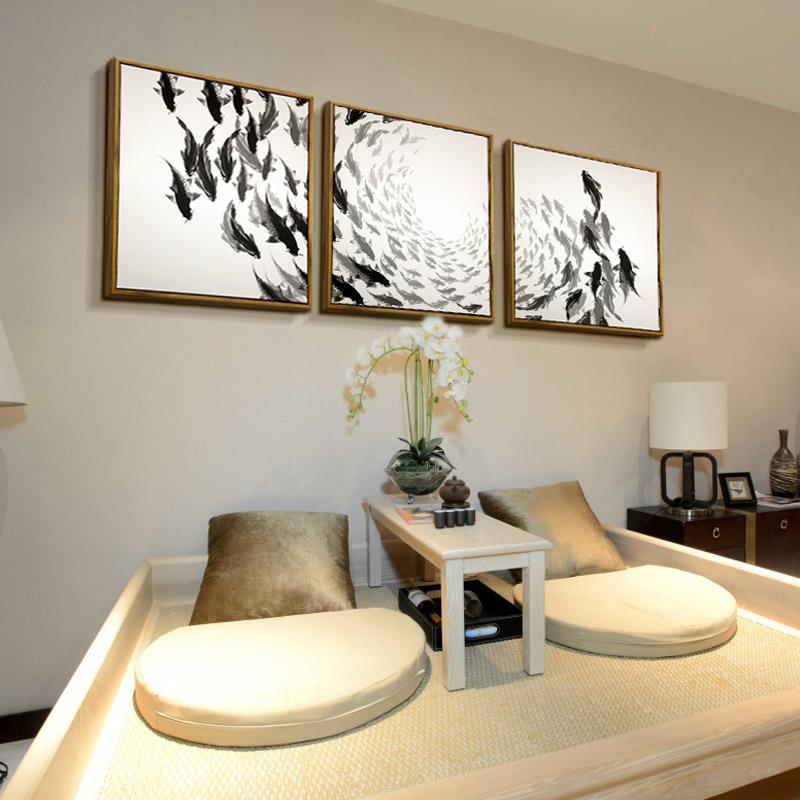 新中式餐厅装饰画茶室挂画水墨禅意壁画客厅沙发背景墙画三联画鱼