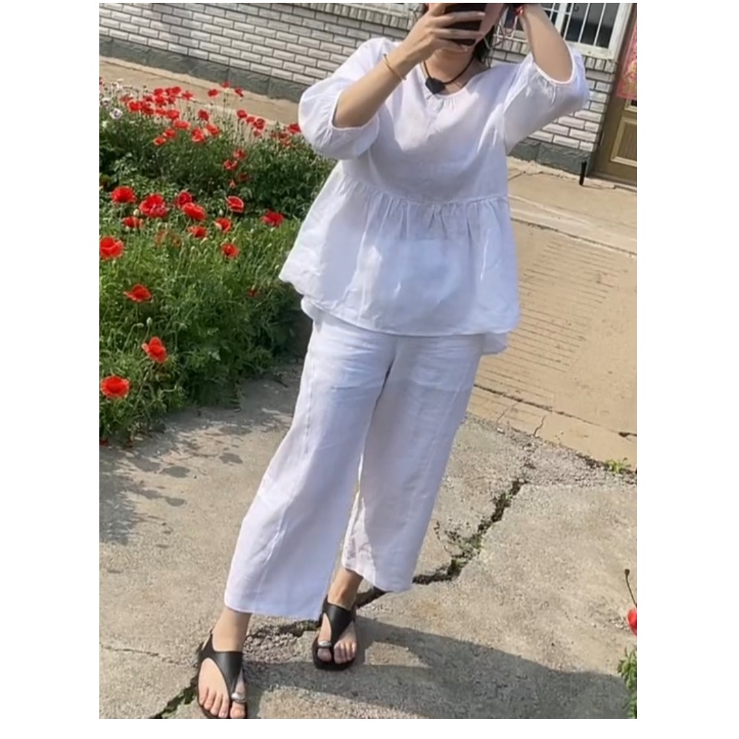 NZ-2881夏款薄款亚麻休闲套装宽松娃娃衫直筒裤显瘦透气两件套