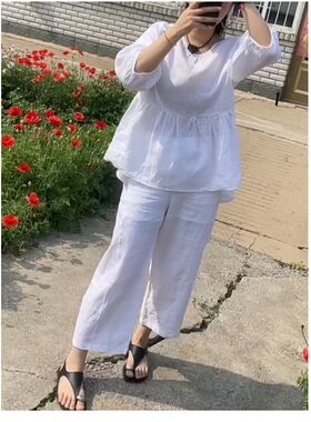 NZ-2881夏款薄款亚麻休闲套装宽松娃娃衫直筒裤显瘦透气两件套