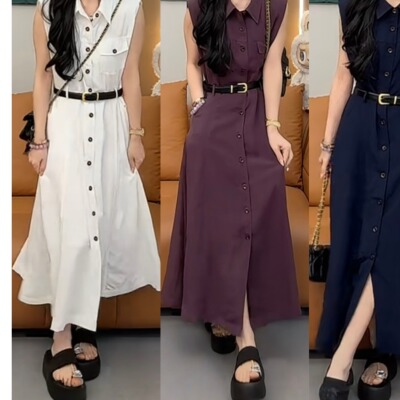 NZ-3001夏款薄款透气棉麻一排扣翻领连衣裙宽松显瘦洋气长裙子
