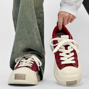 卓沅王鹤棣同款红色重奏帆布鞋厚底增高梅花鞋休闲板鞋男女款潮鞋