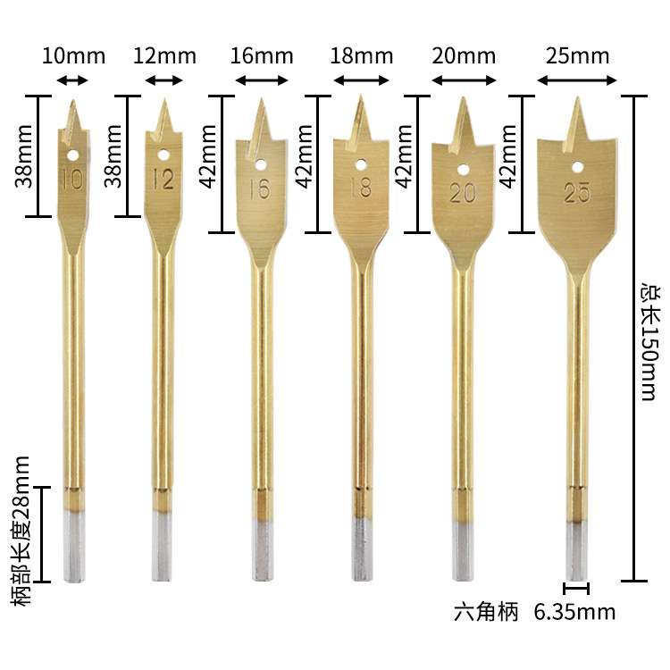 6pcs三尖木工扁钻挂袋镀钛木板开孔器10-25mm套装六角柄木工钻头